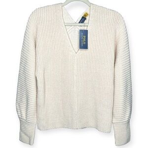 Polo Ralph Lauren M Heavy Knit Chic Cream Wool Sweater Bishop Sleeve V-neck
